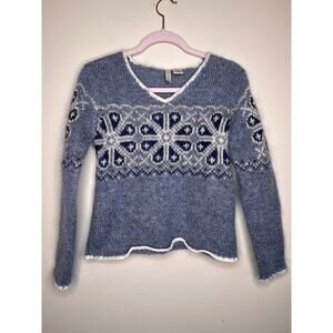 90s Y2K Twiggy Mohair Dusty Blue Christmas Snowflakes Nordic Fair Isle Sweater M